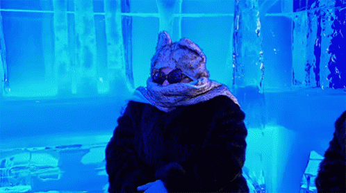 person with a scarf in an ice bar gif