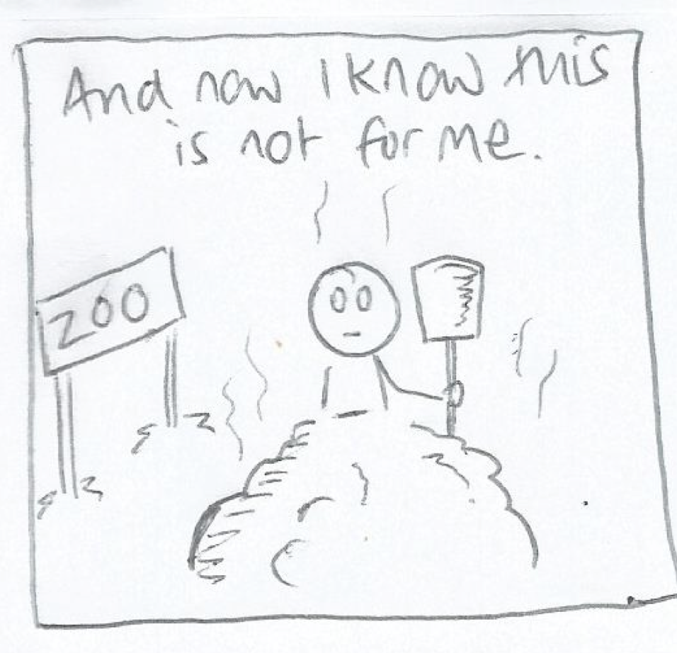 Edd Williams original art of a person hating their job at the zoo